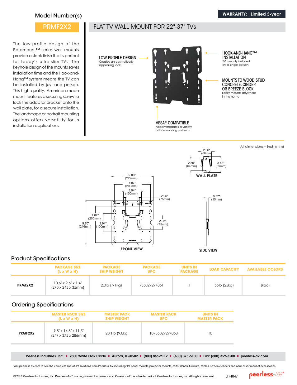 Prmf2x2, Flat tv wall mount for 22"-37" tvs, Model number(s) | Ordering specifications, Product specifications | Peerless-AV PRMF2X2  - Sell Sheet User Manual | Page 2 / 2