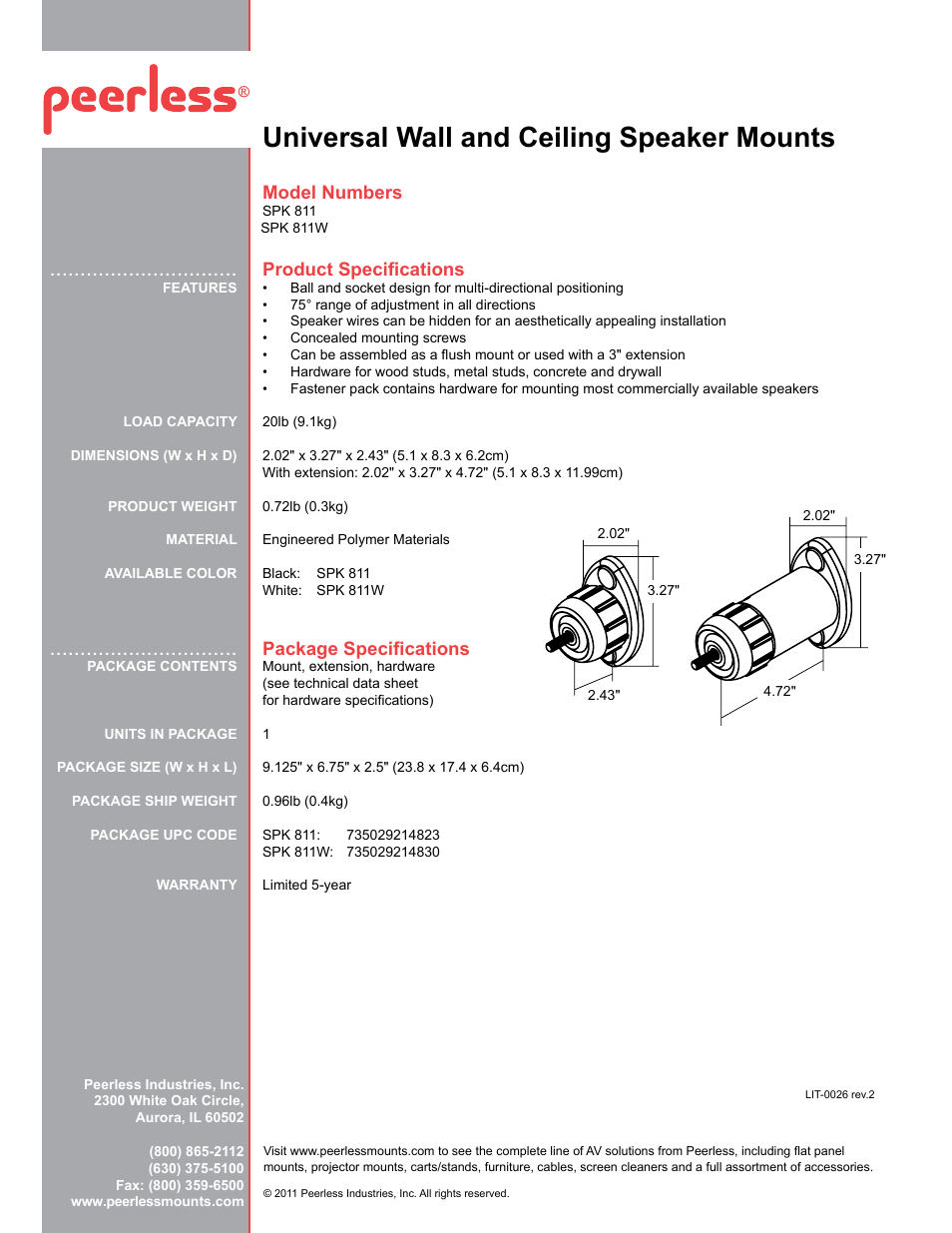 Universal wall and ceiling speaker mounts | Peerless-AV SPK811W  - Sell Sheet User Manual | Page 2 / 2