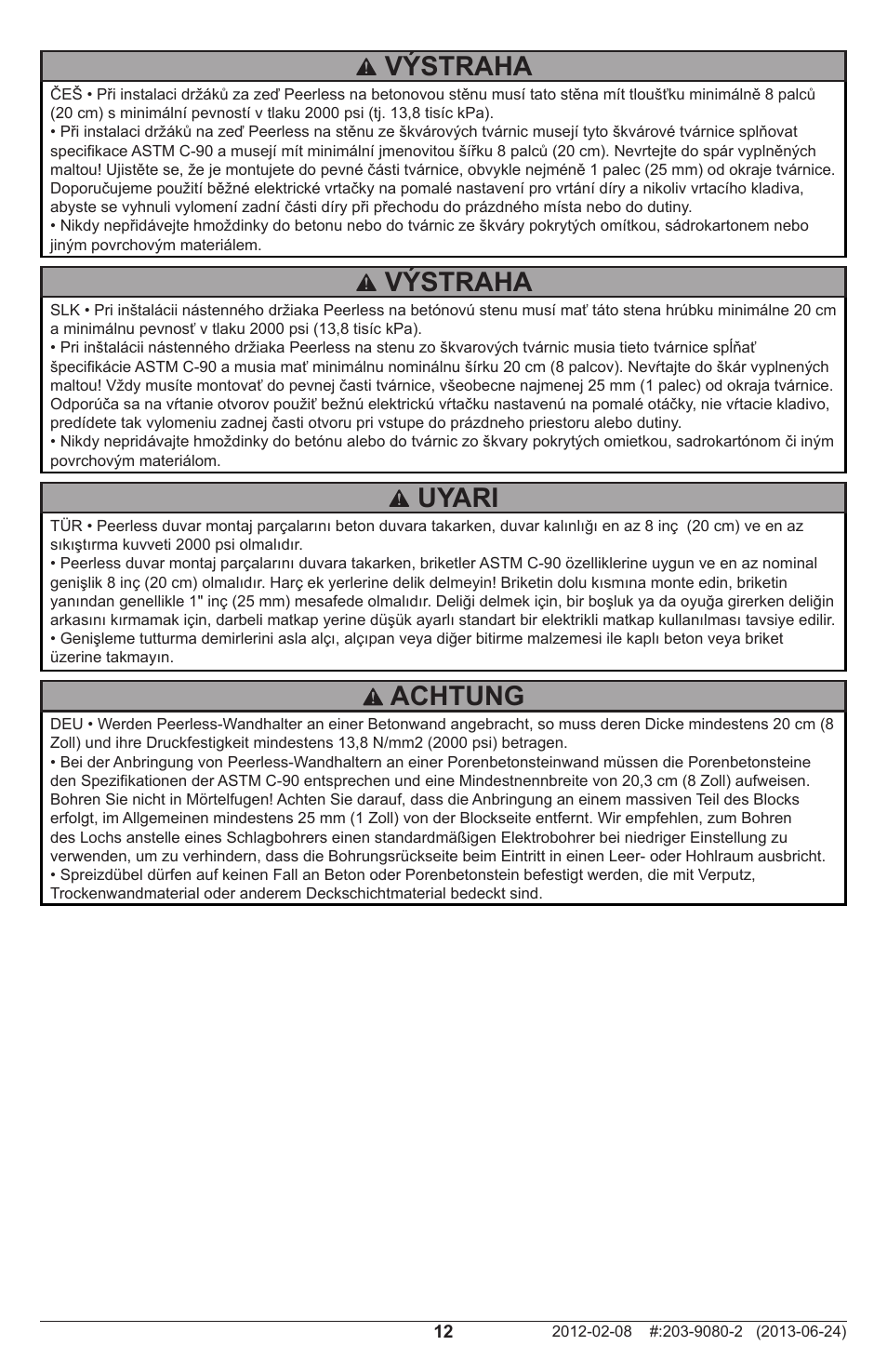 Uyari, Výstraha, Achtung | Peerless-AV SF632P - Installation User Manual | Page 12 / 24