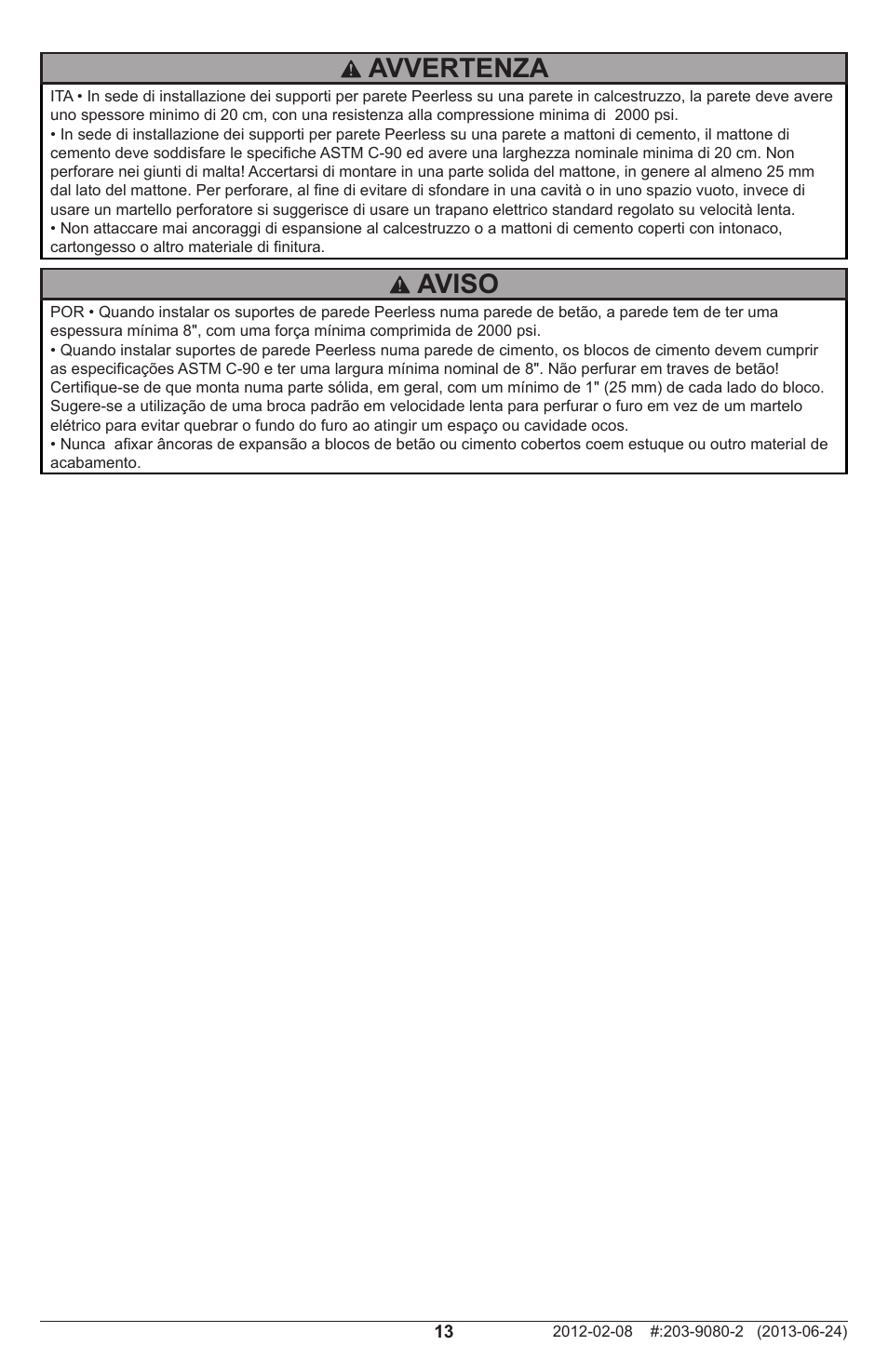Aviso, Avvertenza | Peerless-AV SF632P - Installation User Manual | Page 13 / 24