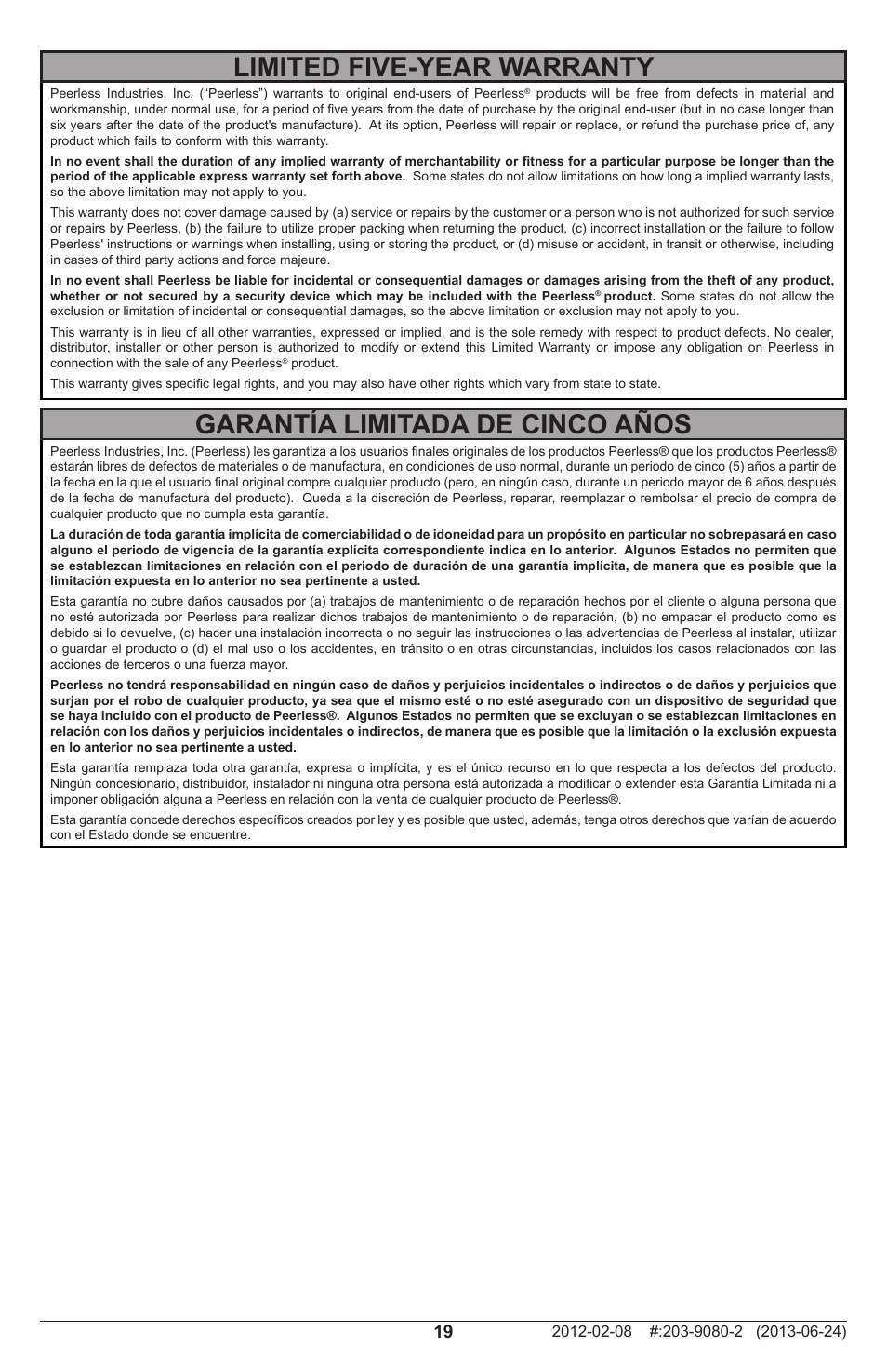 Garantía limitada de cinco años, Limited five-year warranty | Peerless-AV SF632P - Installation User Manual | Page 19 / 24