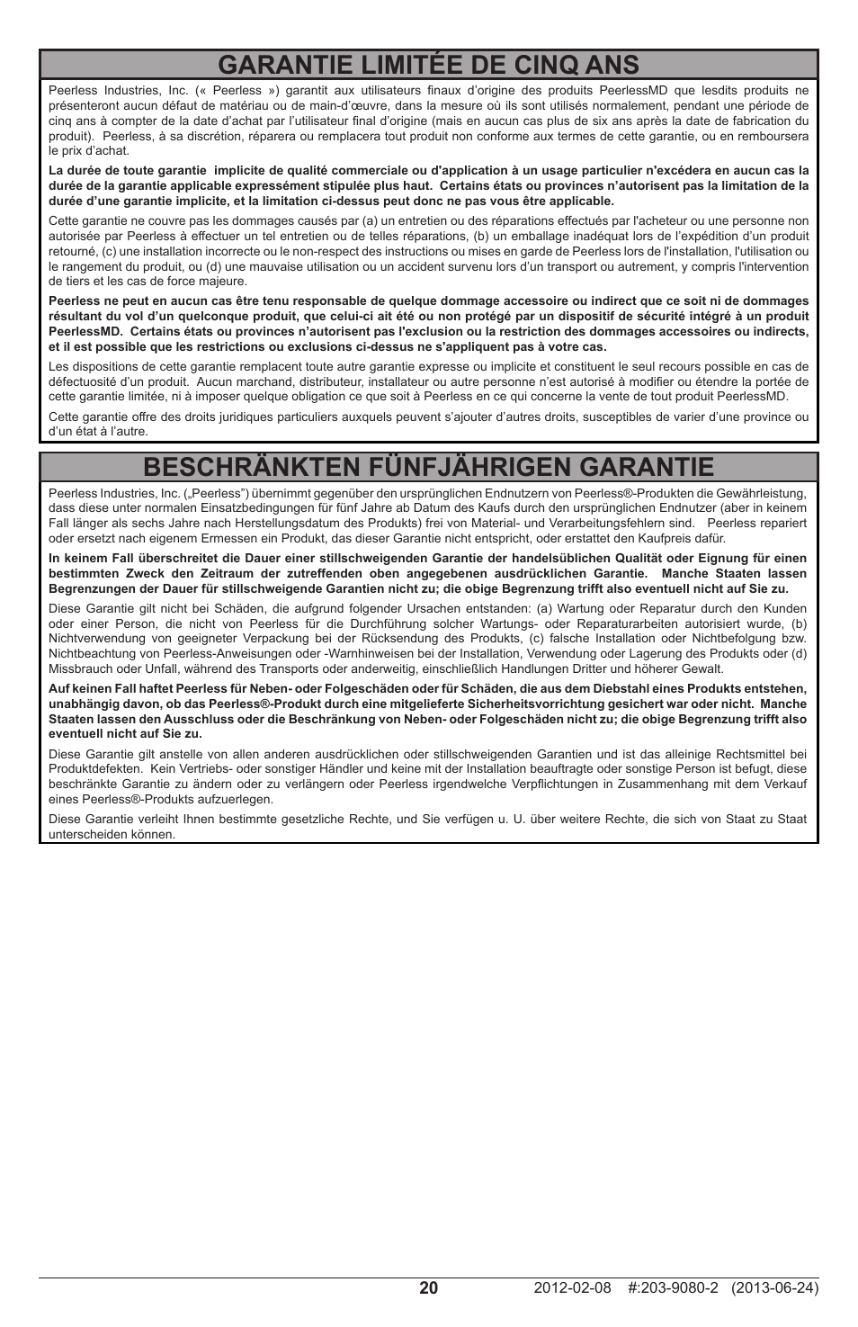 Garantie limitée de cinq ans, Beschränkten fünfjährigen garantie | Peerless-AV SF632P - Installation User Manual | Page 20 / 24