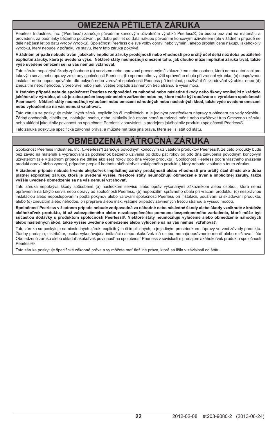 Omezená pětiletá záruka, Obmedzená päťročná záruka | Peerless-AV SF632P - Installation User Manual | Page 22 / 24