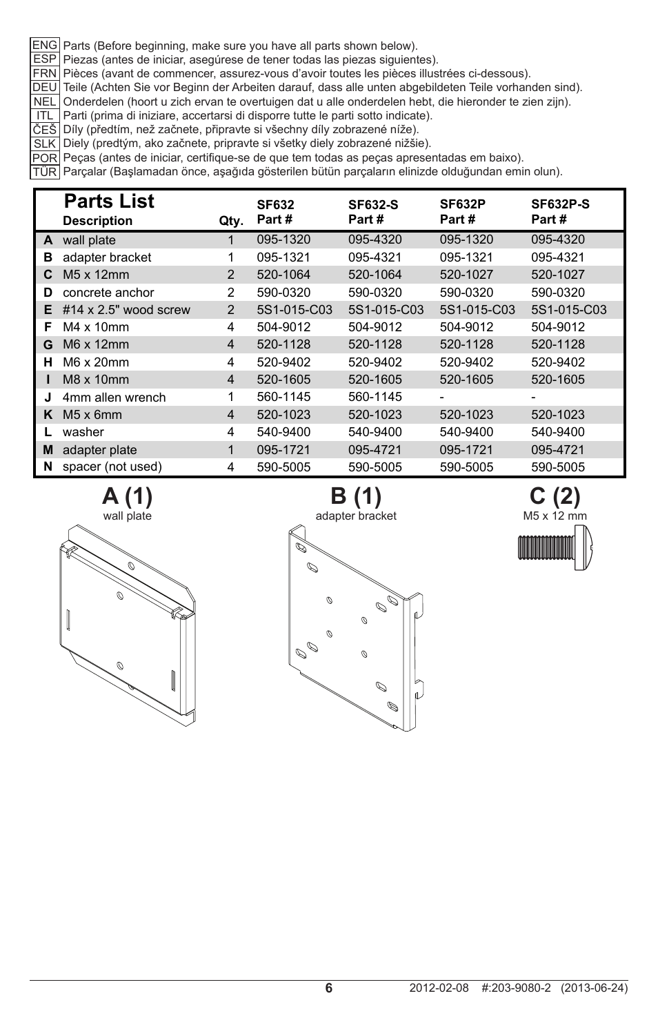 B (1), A (1), C (2) | Parts list | Peerless-AV SF632P - Installation User Manual | Page 6 / 24