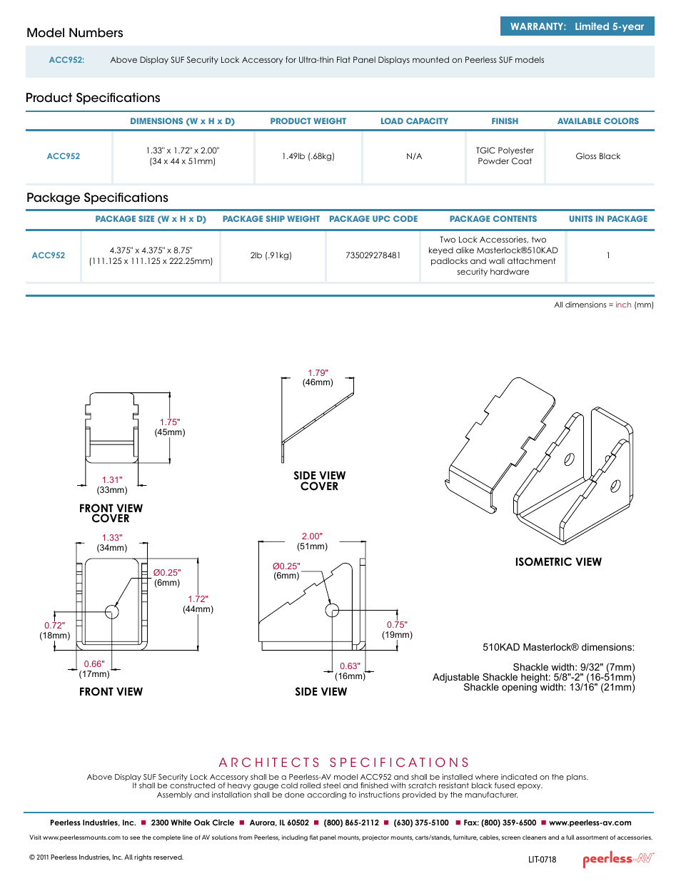 Package specifications, Product specifications model numbers | Peerless-AV ACC952  - Sell Sheet User Manual | Page 2 / 2
