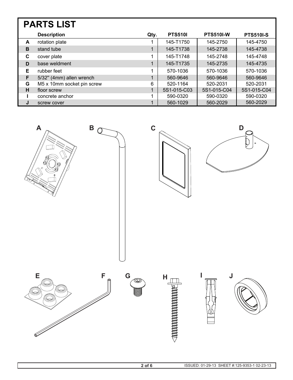 Parts list, 2 of 6 | Peerless-AV PTS510I-W - Installation User Manual | Page 2 / 6