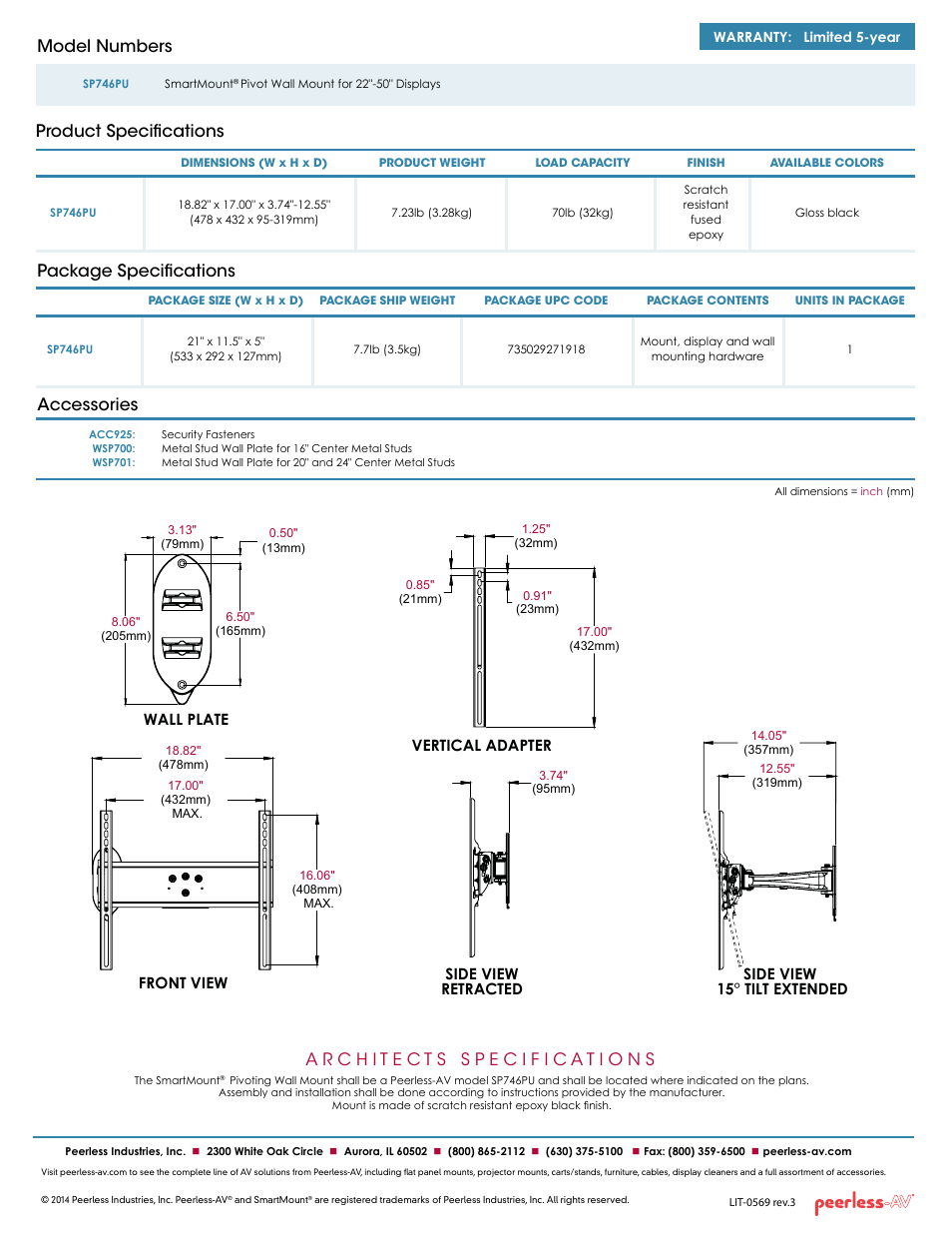 Model numbers, Package specifications accessories, Product specifications | Side view 15° tilt extended | Peerless-AV SP746PU  - Sell Sheet User Manual | Page 2 / 2