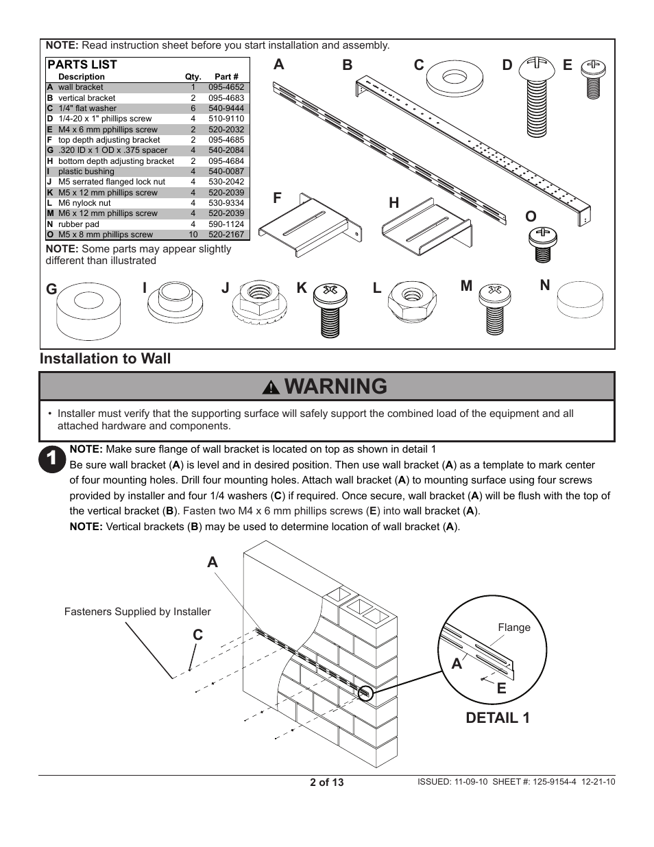 Warning, Installation to wall, Parts list | 2 of 13, Fasteners supplied by installer | Peerless-AV IWB600-2SB - Installation User Manual | Page 2 / 13