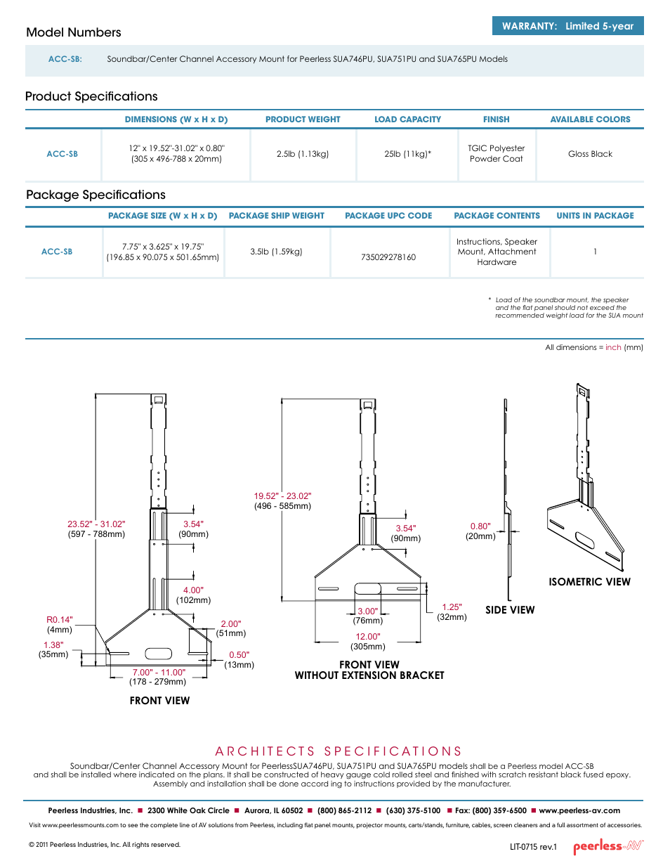 Package specifications, Product specifications model numbers | Peerless-AV ACC-SB  - Sell Sheet User Manual | Page 2 / 2