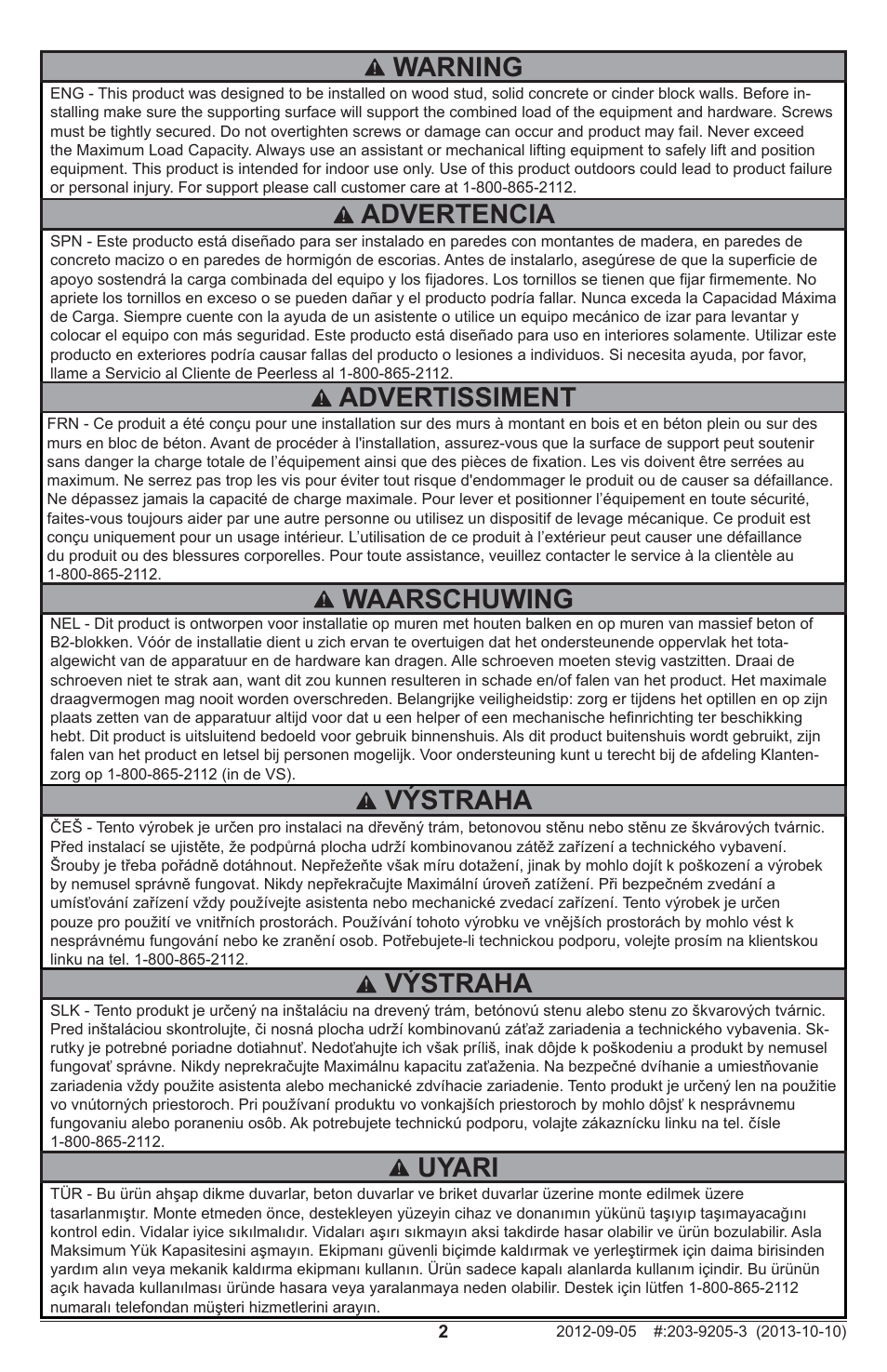 Warning, Výstraha, Advertencia | Advertissiment, Uyari, Waarschuwing | Peerless-AV SPL724 - Installation User Manual | Page 2 / 20