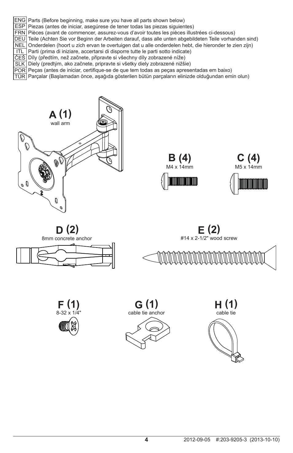 A (1), D (2), E (2) | G (1), H (1), F (1) b (4), C (4) | Peerless-AV SPL724 - Installation User Manual | Page 4 / 20
