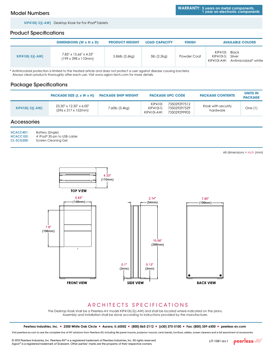 Package specifications, Accessories | Peerless-AV KIP410I-S  - Sell Sheet User Manual | Page 2 / 2