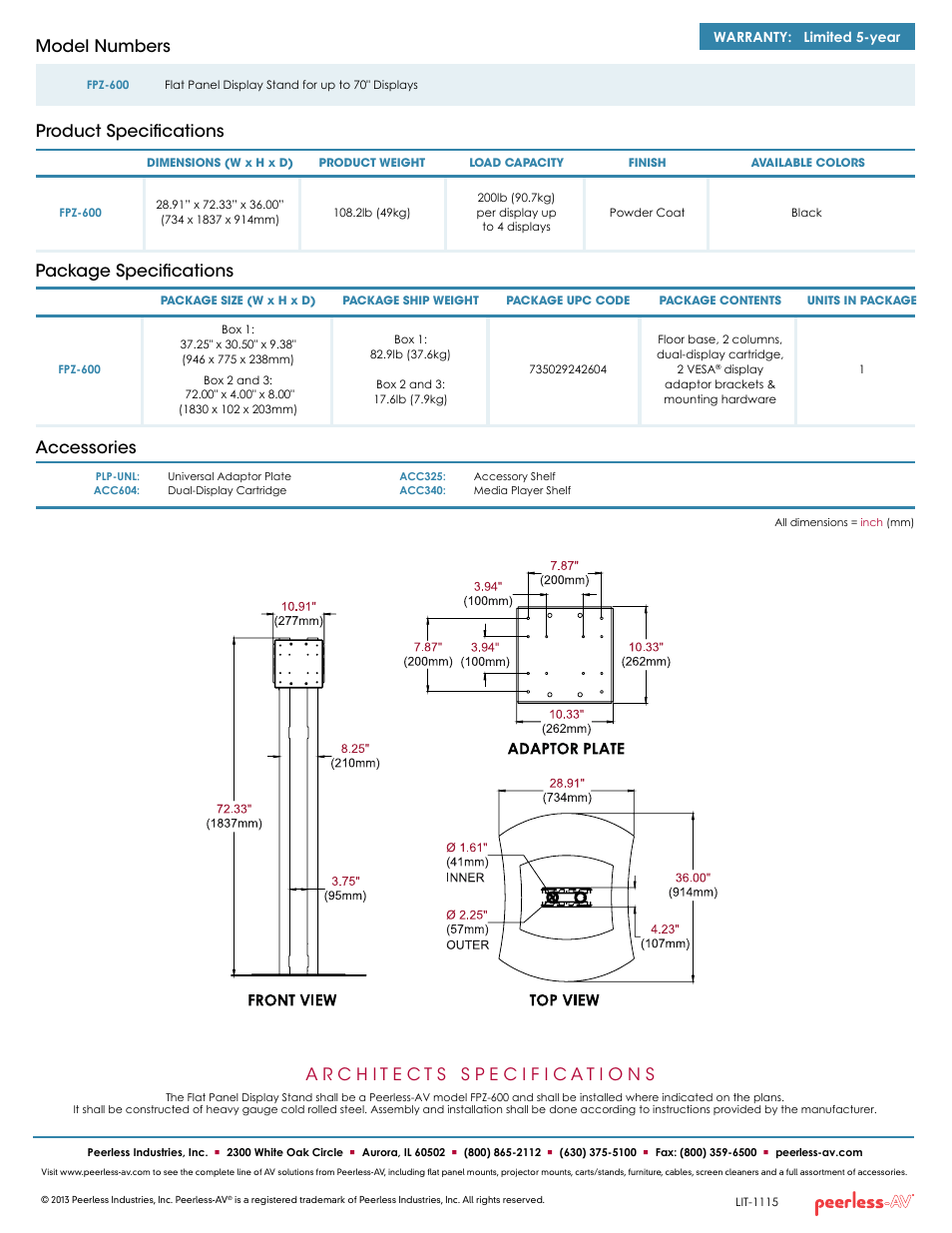 Package specifications, Product specifications model numbers, Accessories | Peerless-AV FPZ-600  - Sell Sheet User Manual | Page 2 / 2