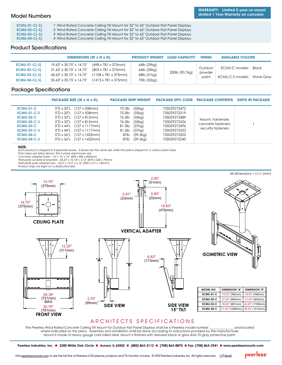 Product specifications model numbers, Package specifications, B" "a" isometric view ceiling plate | Peerless-AV ECMU-04-C-S  - Sell Sheet User Manual | Page 2 / 2