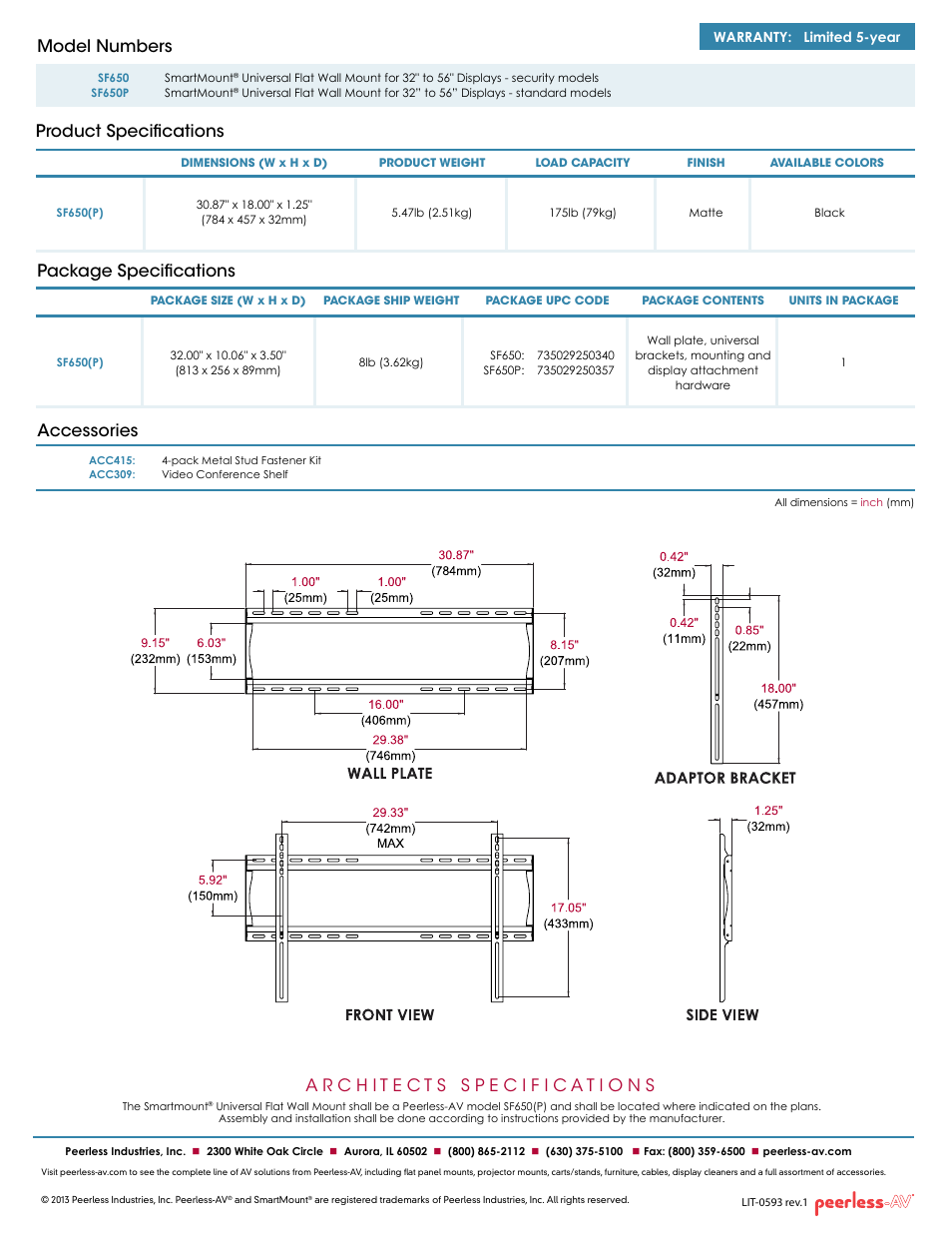 Package specifications accessories, Product specifications model numbers | Peerless-AV SF650P  - Sell Sheet User Manual | Page 2 / 2