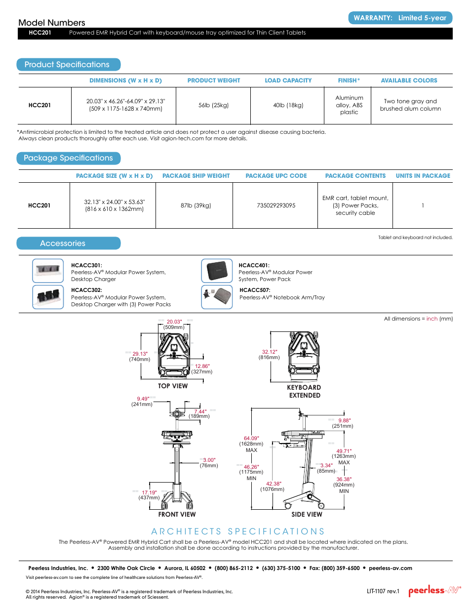 Model numbers, Package specifications, Product specifications | Accessories, Warranty: limited 5-year | Peerless-AV HCC201  - Sell Sheet User Manual | Page 2 / 2