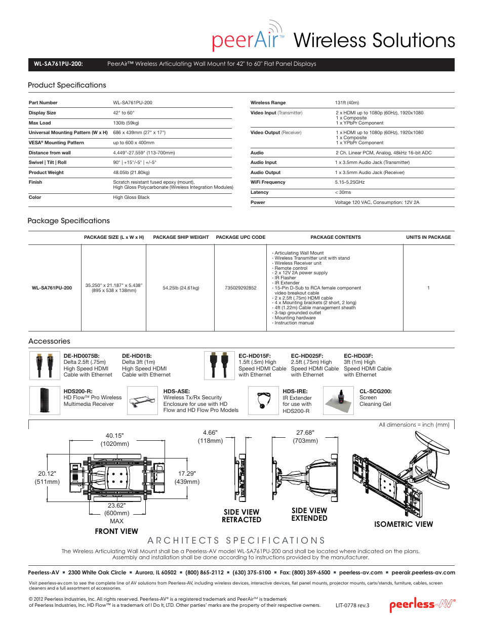 Wireless solutions, Accessories, Package specifications | Product specifications | Peerless-AV WL-SA761PU-200  - Sell Sheet User Manual | Page 2 / 2