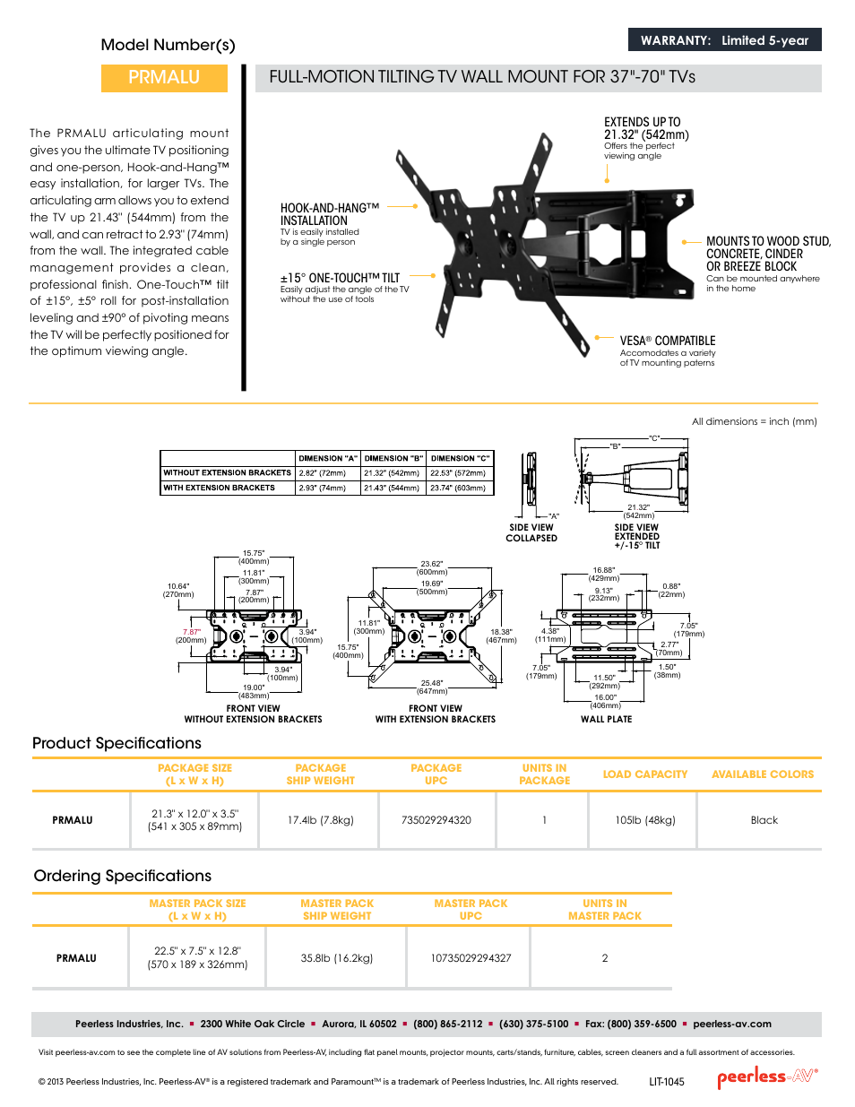 Prmalu, Full-motion tilting tv wall mount for 37"-70" tvs, Model number(s) | Ordering specifications, Product specifications, Warranty: limited 5-year, Vesa, Compatible, Hook-and-hang ™ installation, 15° one-touch™ tilt | Peerless-AV PRMALU  - Sell Sheet User Manual | Page 2 / 2