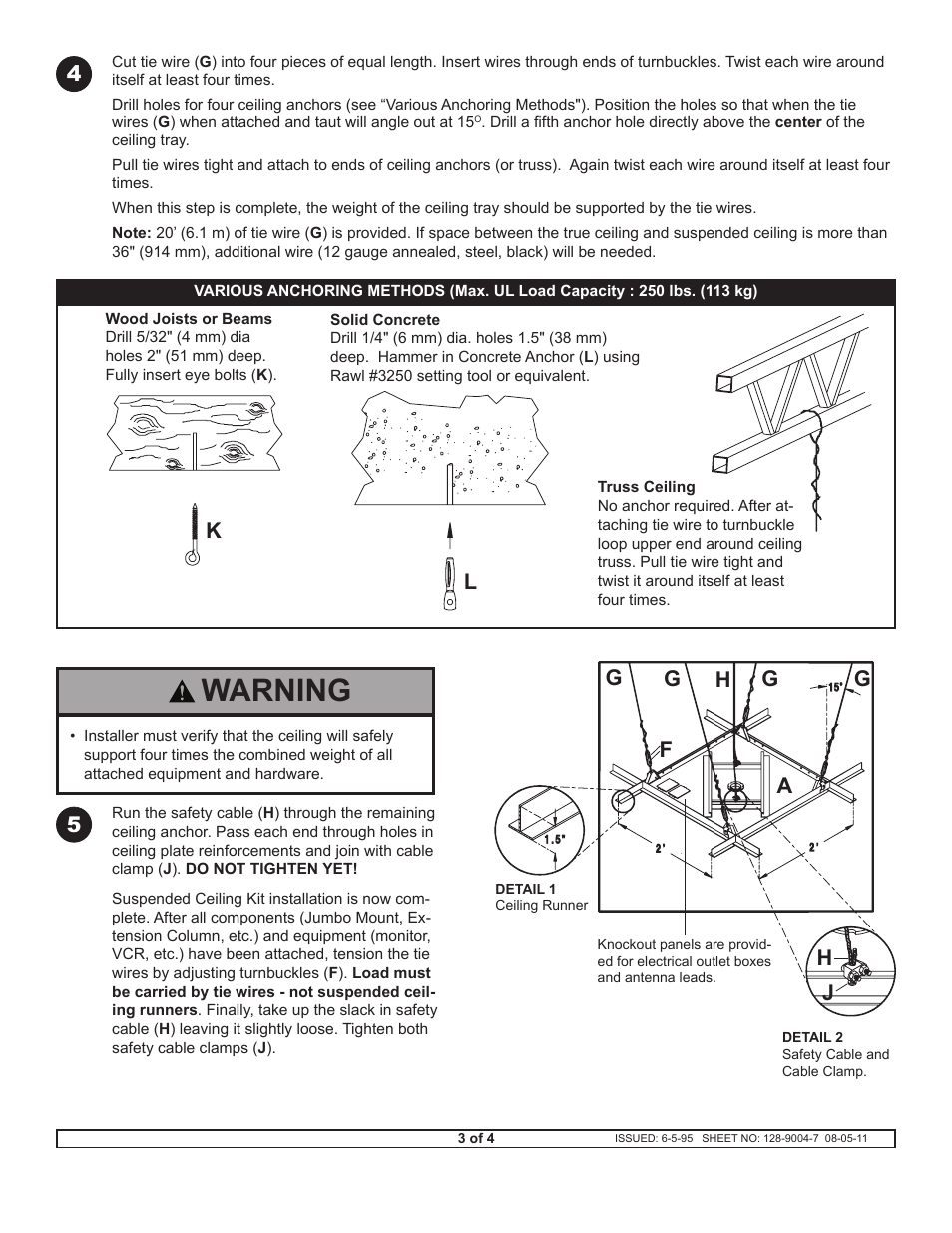 Warning, Ag g g g, Hj h | F4 5 | Peerless-AV CMJ450 - Installation User Manual | Page 3 / 4