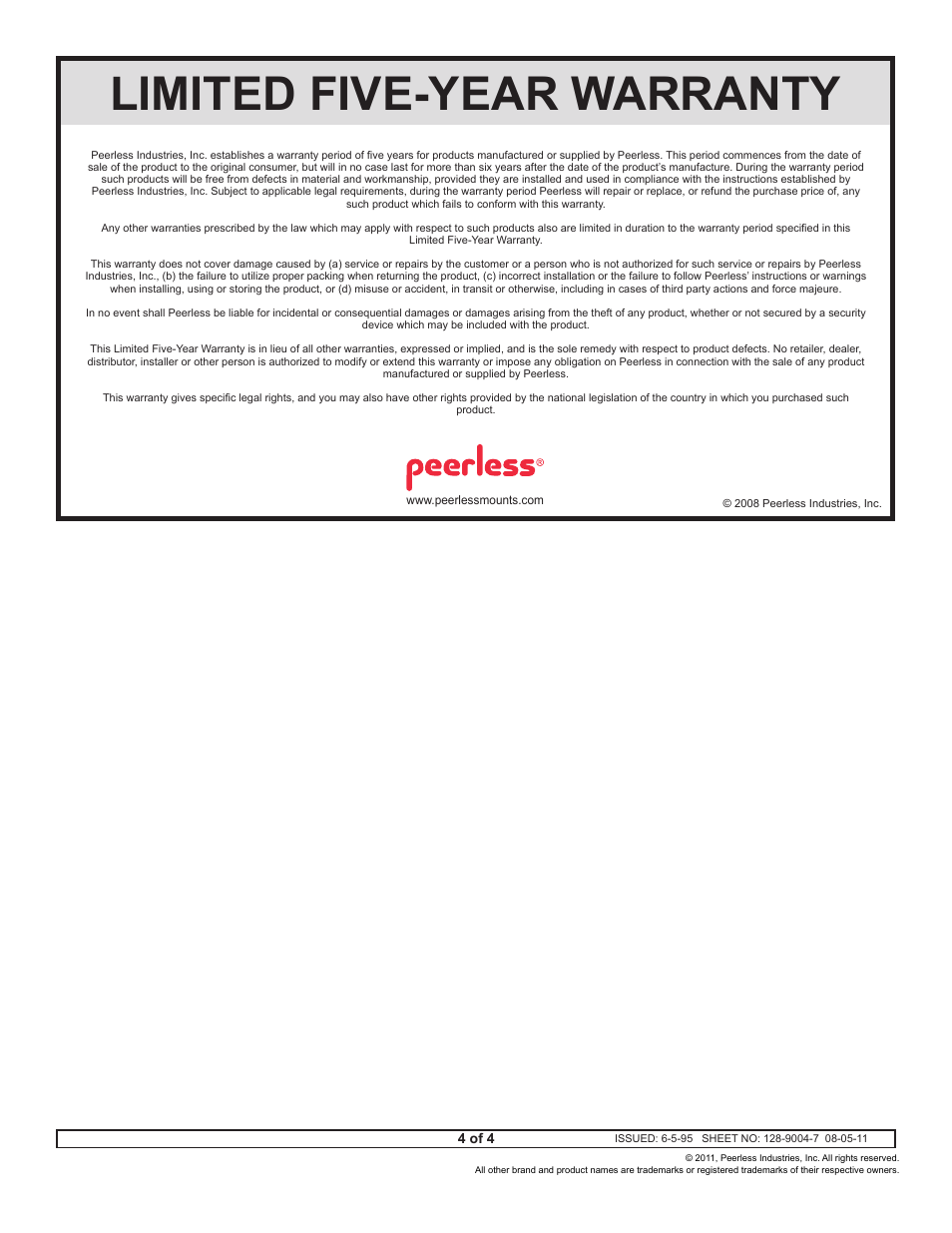 Limited five-year warranty | Peerless-AV CMJ450 - Installation User Manual | Page 4 / 4