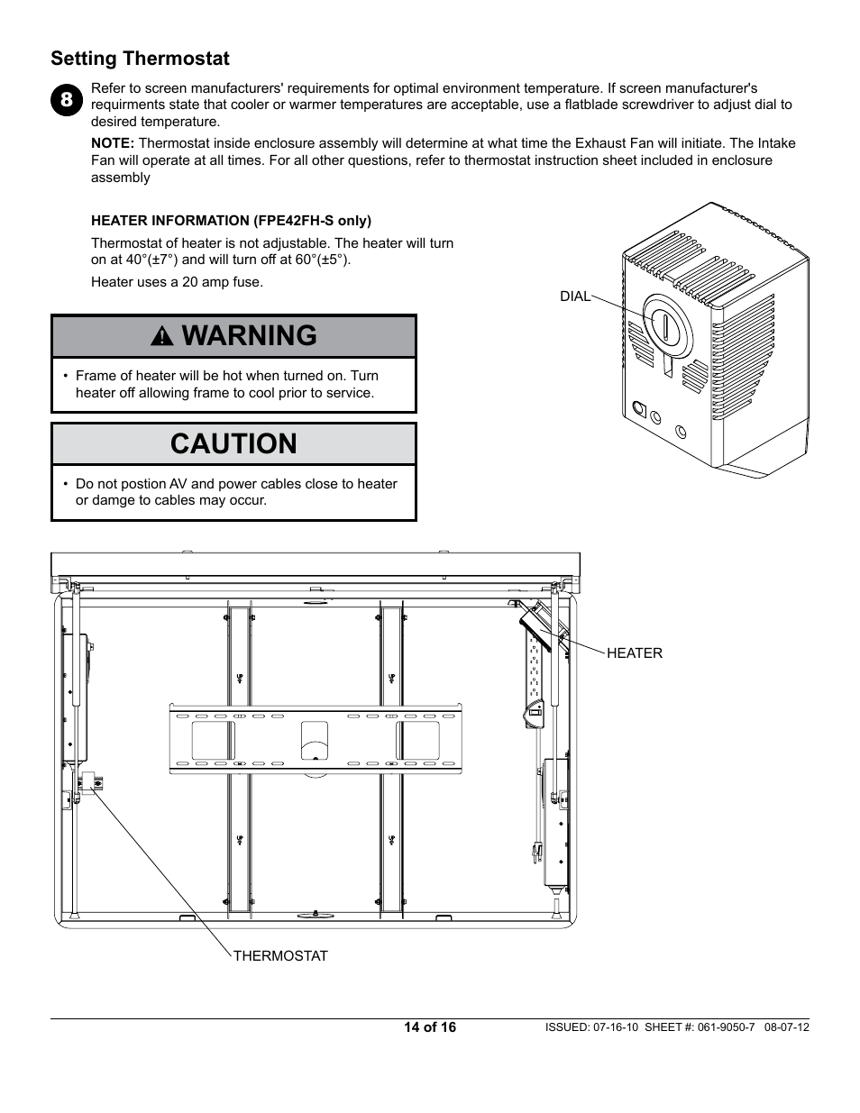 Warning, Caution, Setting thermostat | Peerless-AV FPE42F-S - Installation User Manual | Page 14 / 16