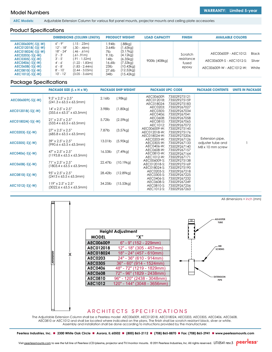 Package specifications, Product specifications model numbers | Peerless-AV AEC1012_S_W  - Sell Sheet User Manual | Page 2 / 2