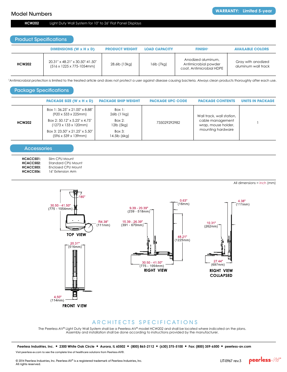 Features, Model numbers, Package specifications accessories | Product specifications | Peerless-AV HCW202  - Sell Sheet User Manual | Page 2 / 2
