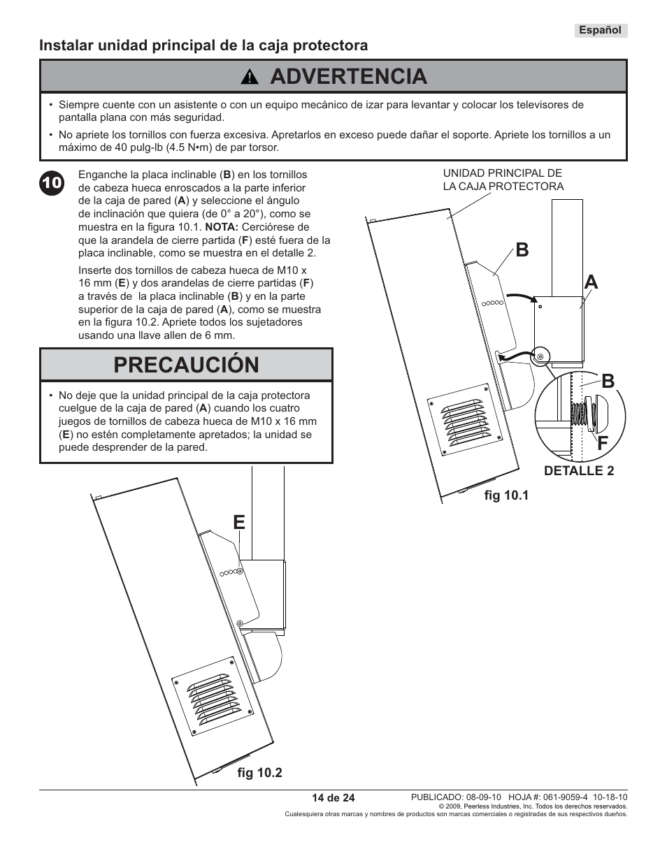 Advertencia, Precaución, Be f a b | Peerless-AV FPECMI-04 - Installation User Manual | Page 14 / 24