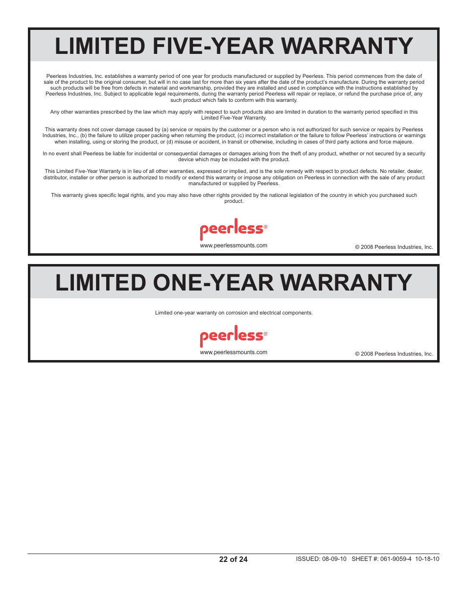 Limited five-year warranty, Limited one-year warranty | Peerless-AV FPECMI-04 - Installation User Manual | Page 22 / 24