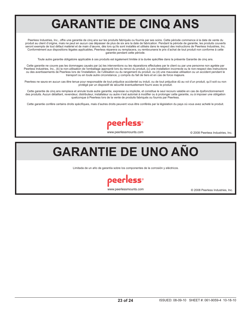 Garantie de uno año, Garantie de cinq ans | Peerless-AV FPECMI-04 - Installation User Manual | Page 23 / 24