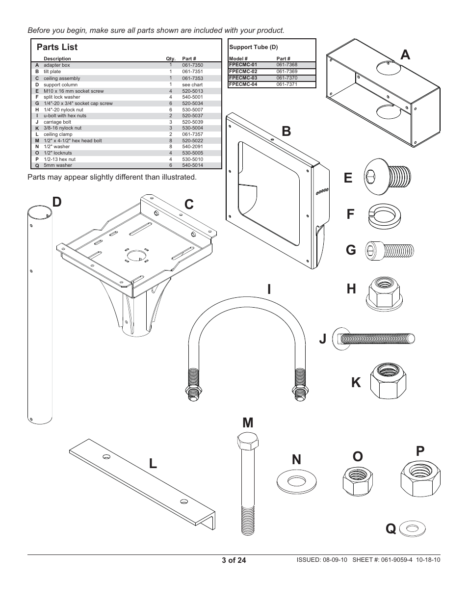 Parts list | Peerless-AV FPECMI-04 - Installation User Manual | Page 3 / 24
