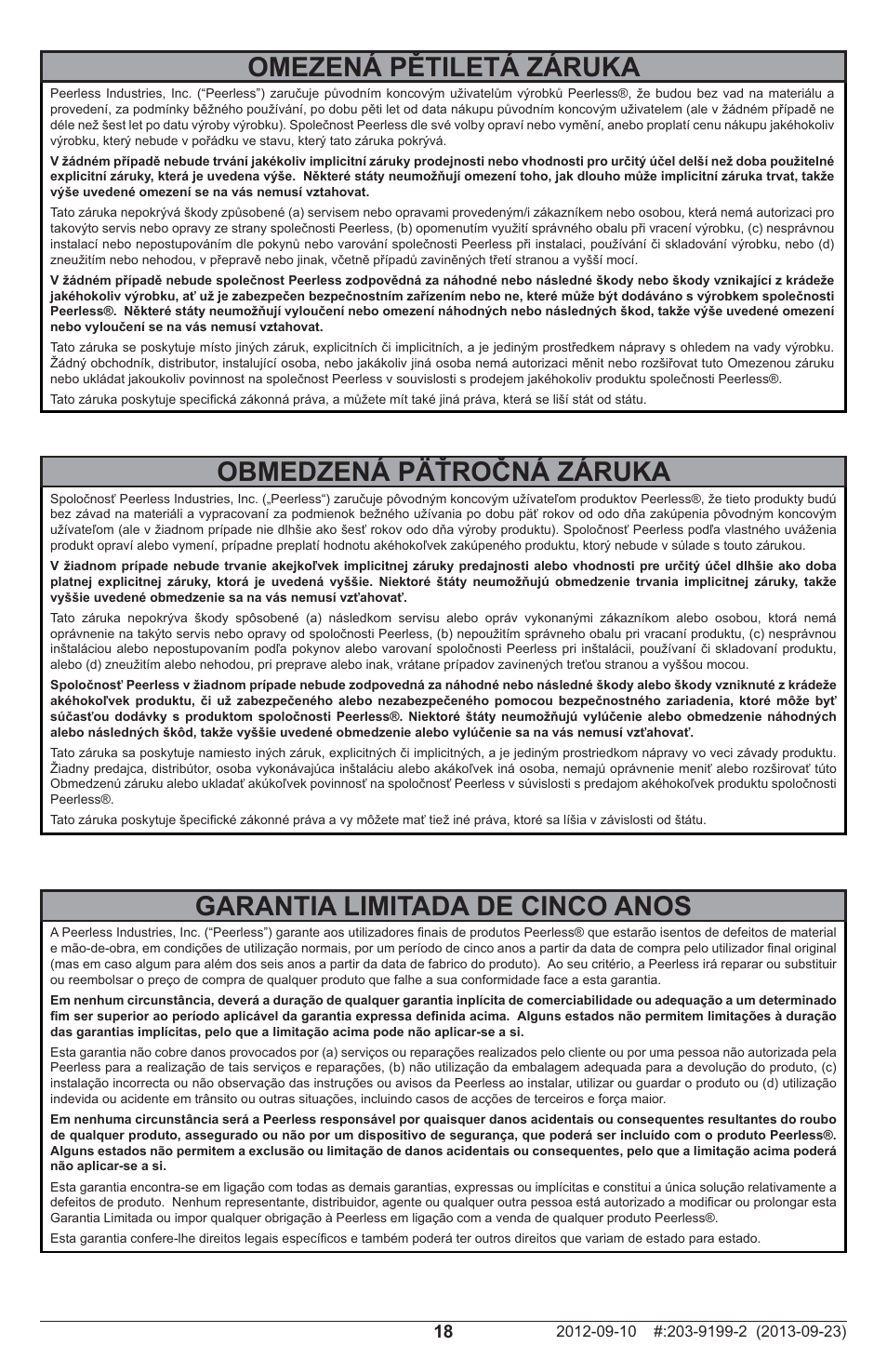 Omezená pětiletá záruka, Obmedzená päťročná záruka, Garantia limitada de cinco anos | Peerless-AV SFL670 - Installation User Manual | Page 18 / 20
