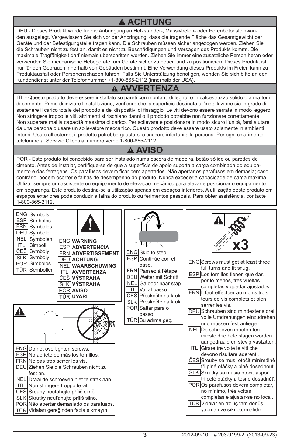 Achtung, Avvertenza, Aviso | Peerless-AV SFL670 - Installation User Manual | Page 3 / 20