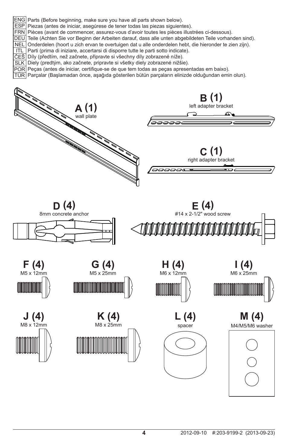 B (1) c (1), A (1), F (4) | G (4), H (4), I (4), J (4), K (4), D (4), E (4) | Peerless-AV SFL670 - Installation User Manual | Page 4 / 20