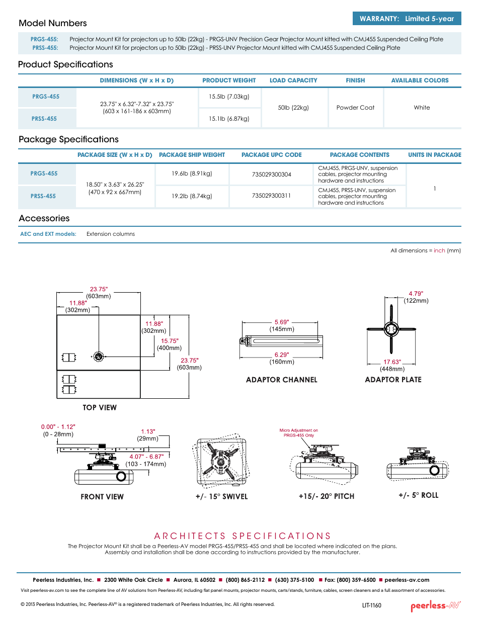 Package specifications accessories, Product specifications model numbers | Peerless-AV PRSS-455  - Sell Sheet User Manual | Page 2 / 2