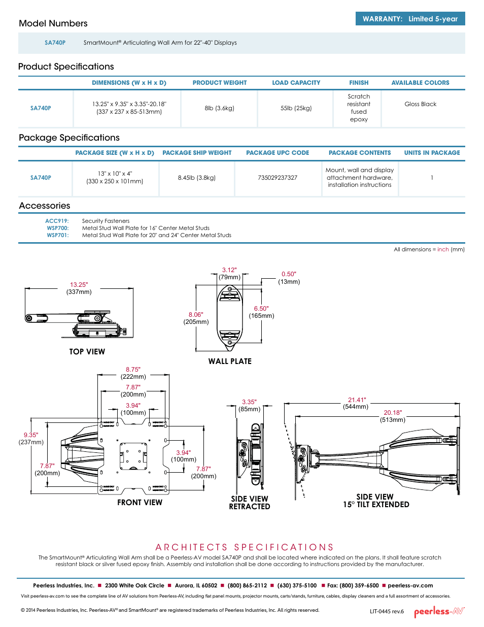 Package specifications accessories, Product specifications model numbers, Front view side view retracted top view | Wall plate, Side view 15° tilt extended | Peerless-AV SA740P  - Sell Sheet User Manual | Page 2 / 2