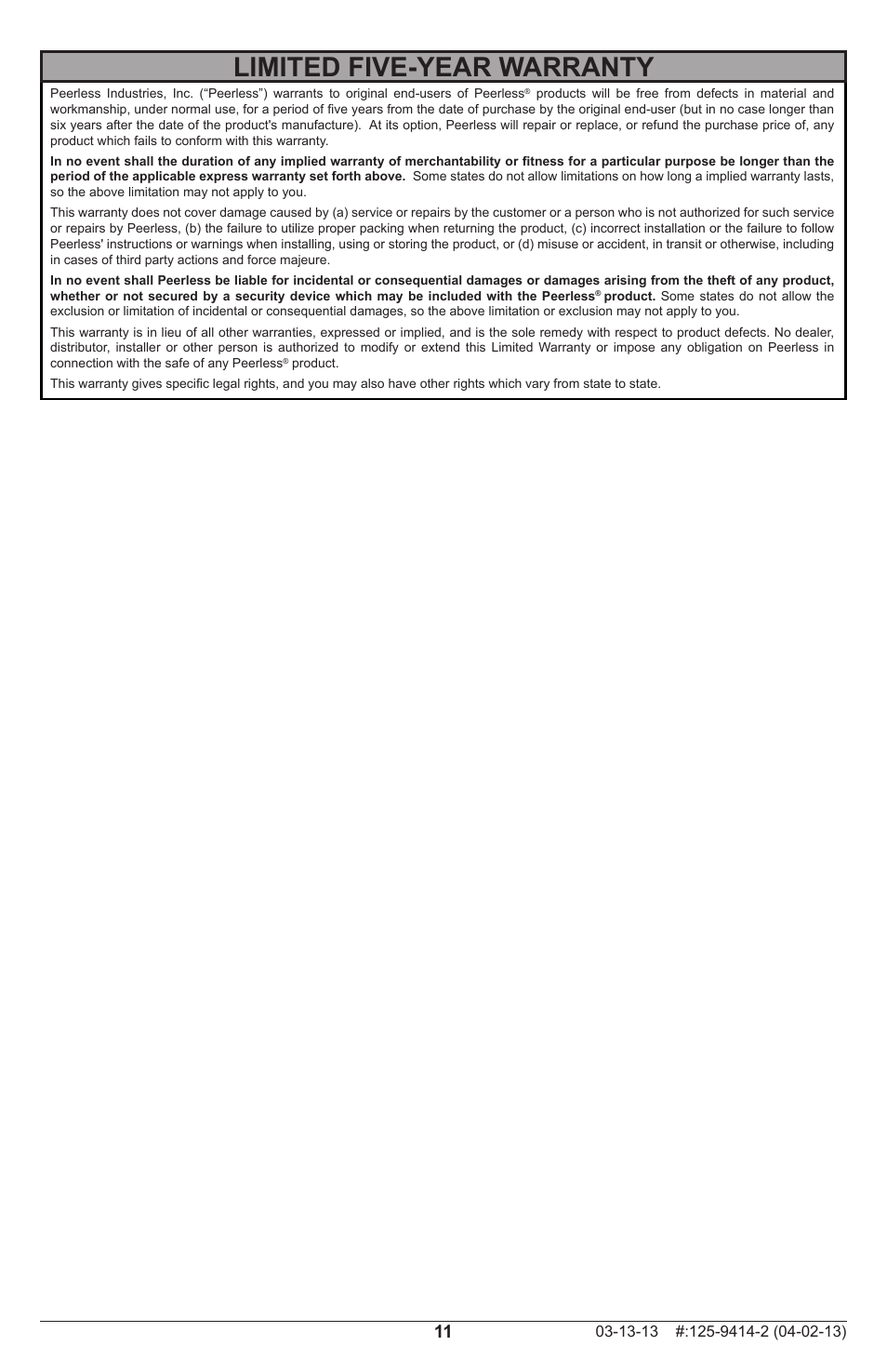 Limited five-year warranty | Peerless-AV DSF290 - Installation User Manual | Page 11 / 12