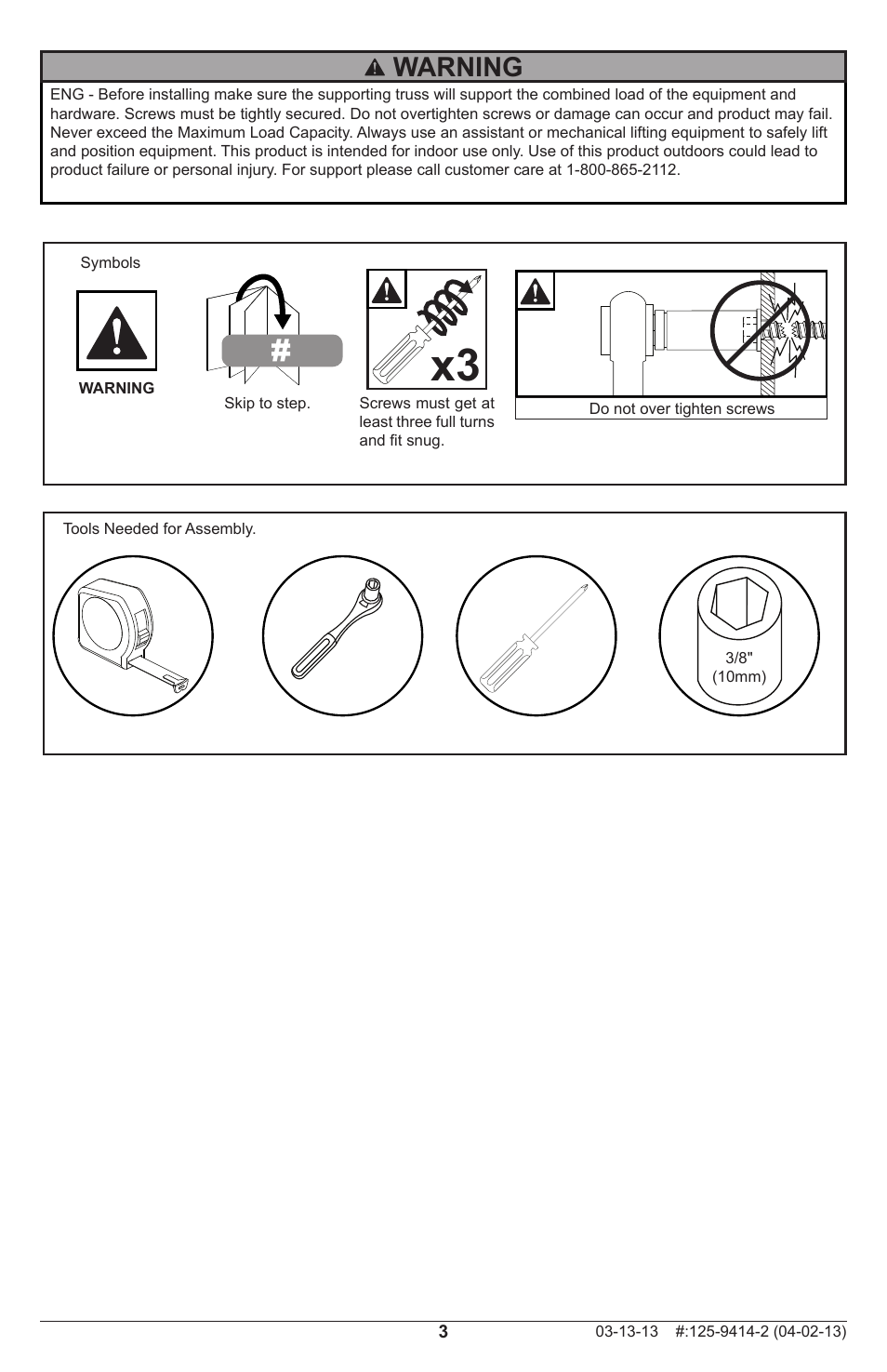 Warning | Peerless-AV DSF290 - Installation User Manual | Page 3 / 12