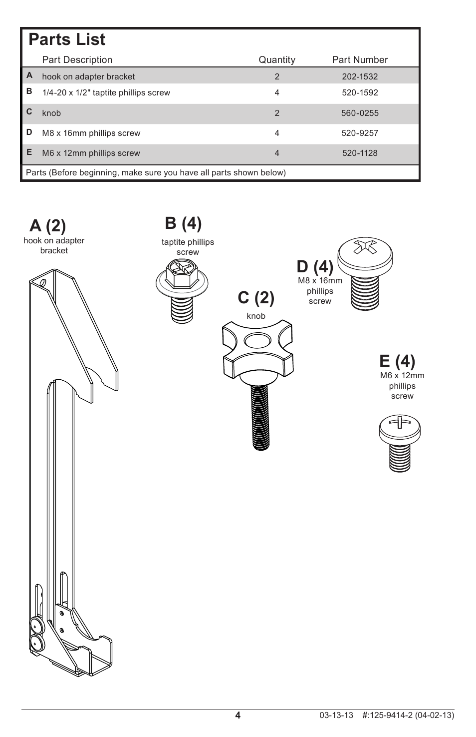 Parts list | Peerless-AV DSF290 - Installation User Manual | Page 4 / 12