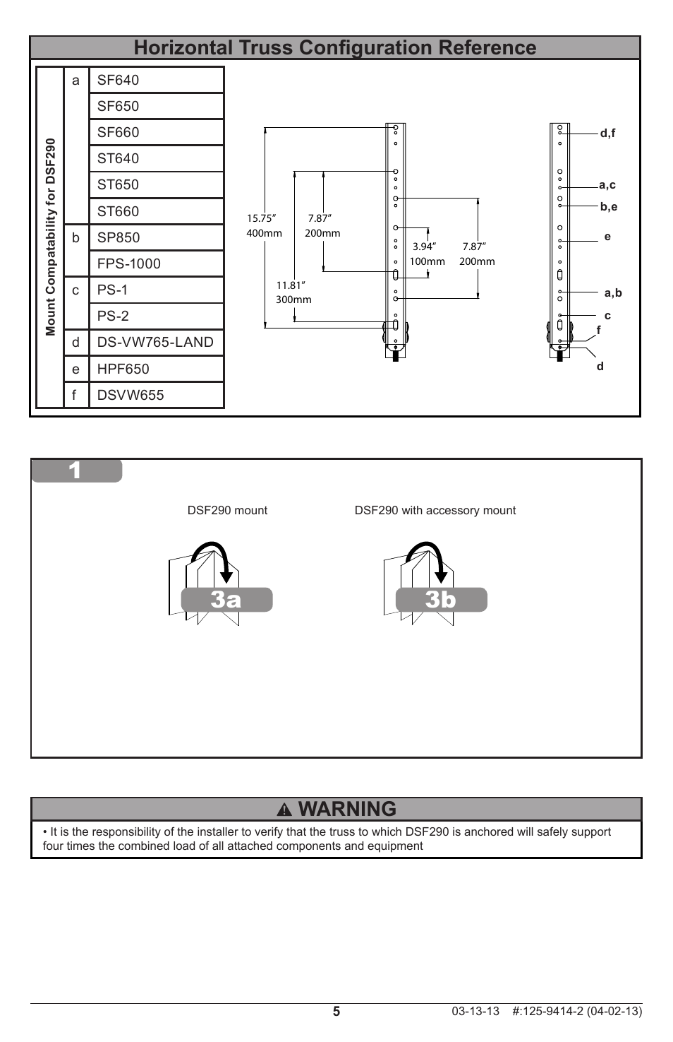 13b 3a, Horizontal truss configuration reference warning | Peerless-AV DSF290 - Installation User Manual | Page 5 / 12