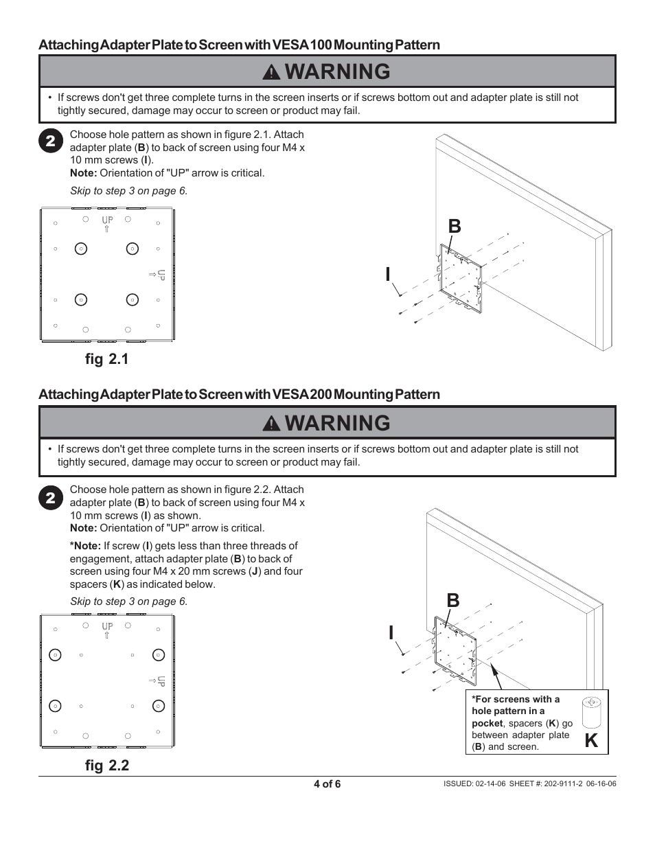 Warning | Peerless-AV ACC604 - Installation User Manual | Page 4 / 6
