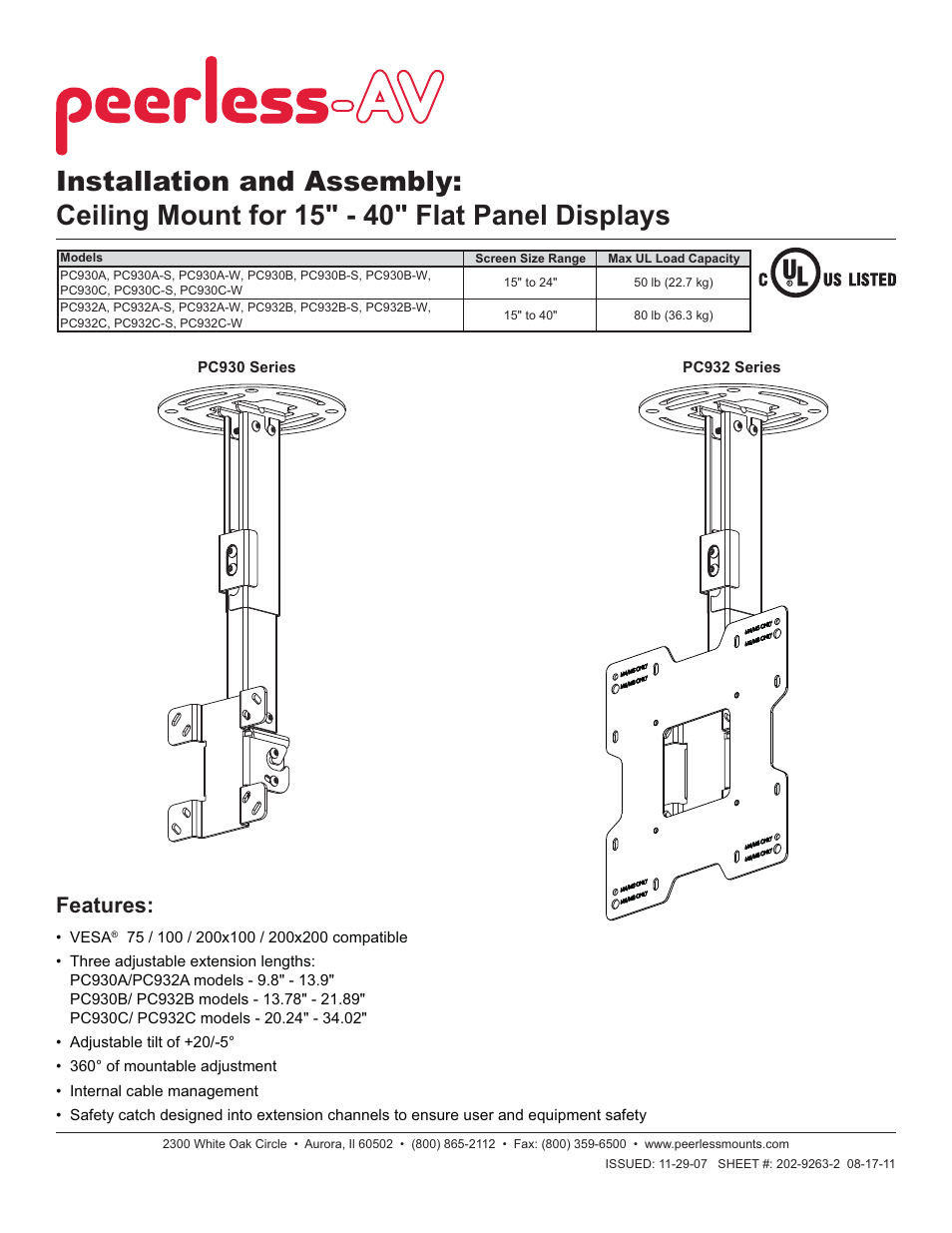 Peerless-AV PC932C-W - Installation User Manual | 35 pages