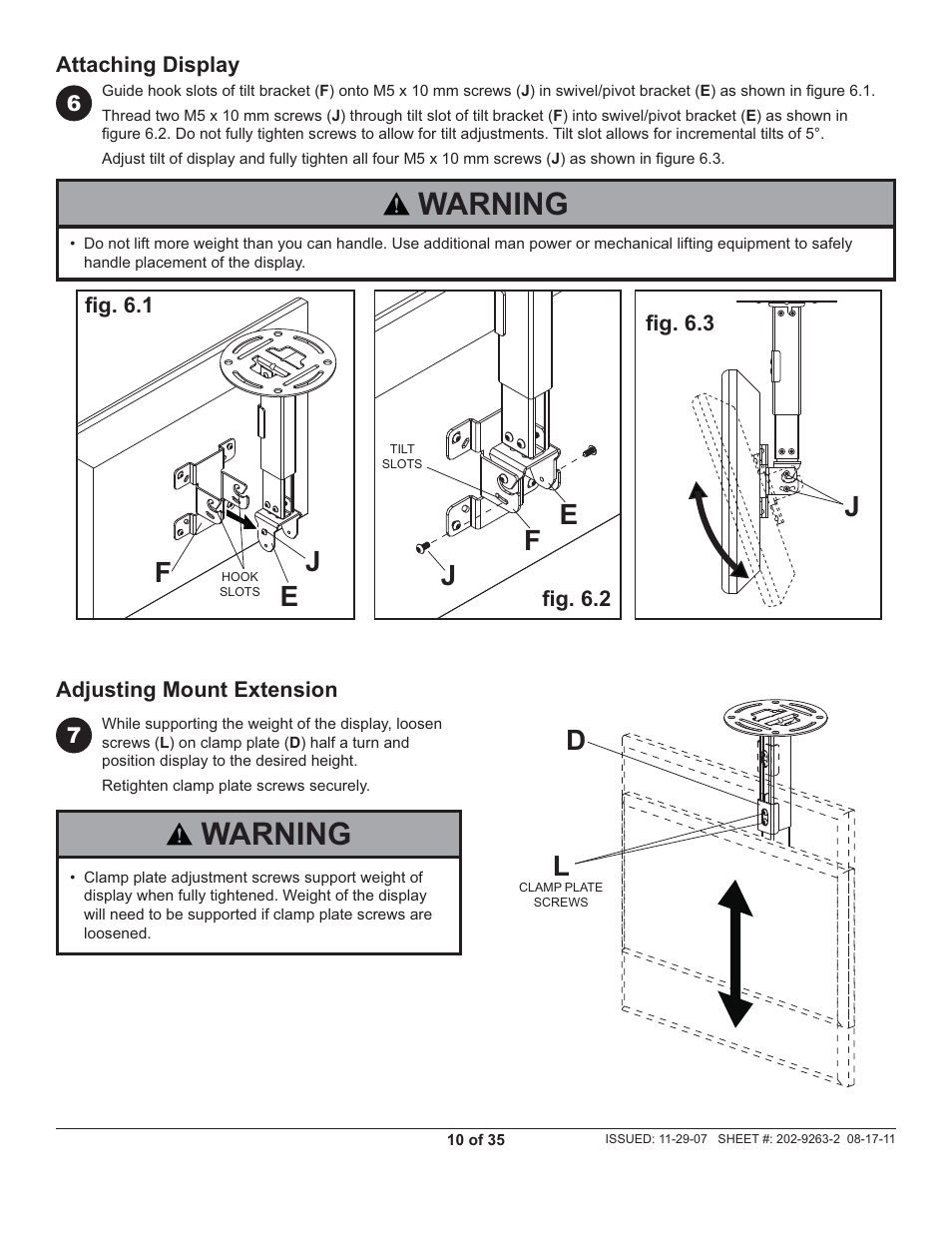 Warning, Fe j, Je j | Fl d | Peerless-AV PC932C-W - Installation User Manual | Page 10 / 35