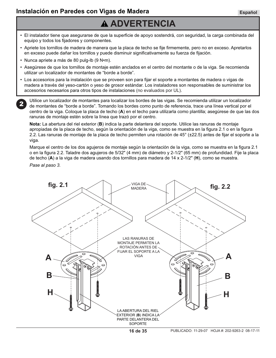 Advertencia, Hb a a, Instalación en paredes con vigas de madera | Fi g. 2.2 fi g. 2.1 | Peerless-AV PC932C-W - Installation User Manual | Page 16 / 35