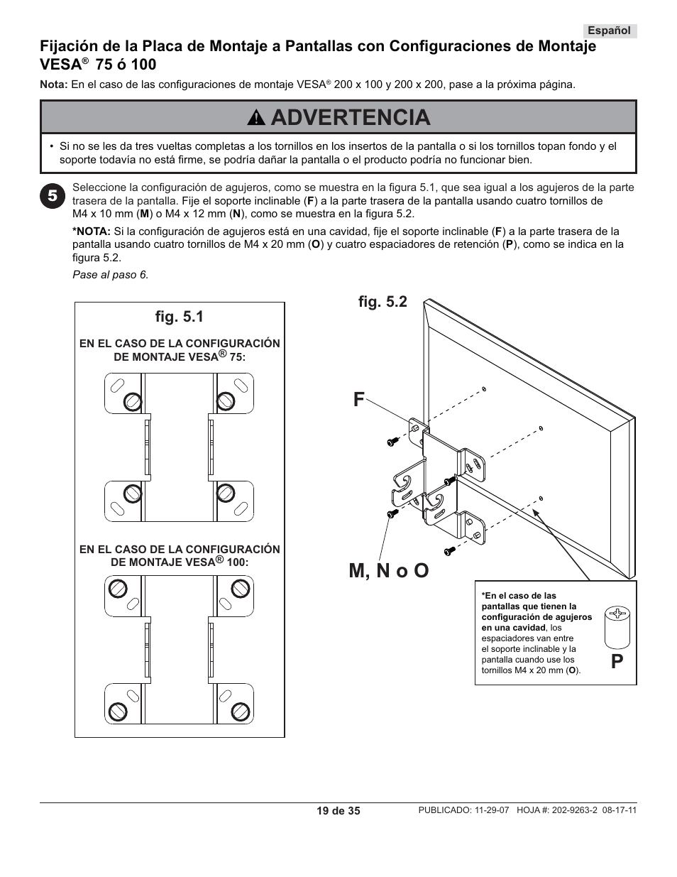 Advertencia, M, n o o f, Fi g. 5.1 | Fi g. 5.2 | Peerless-AV PC932C-W - Installation User Manual | Page 19 / 35