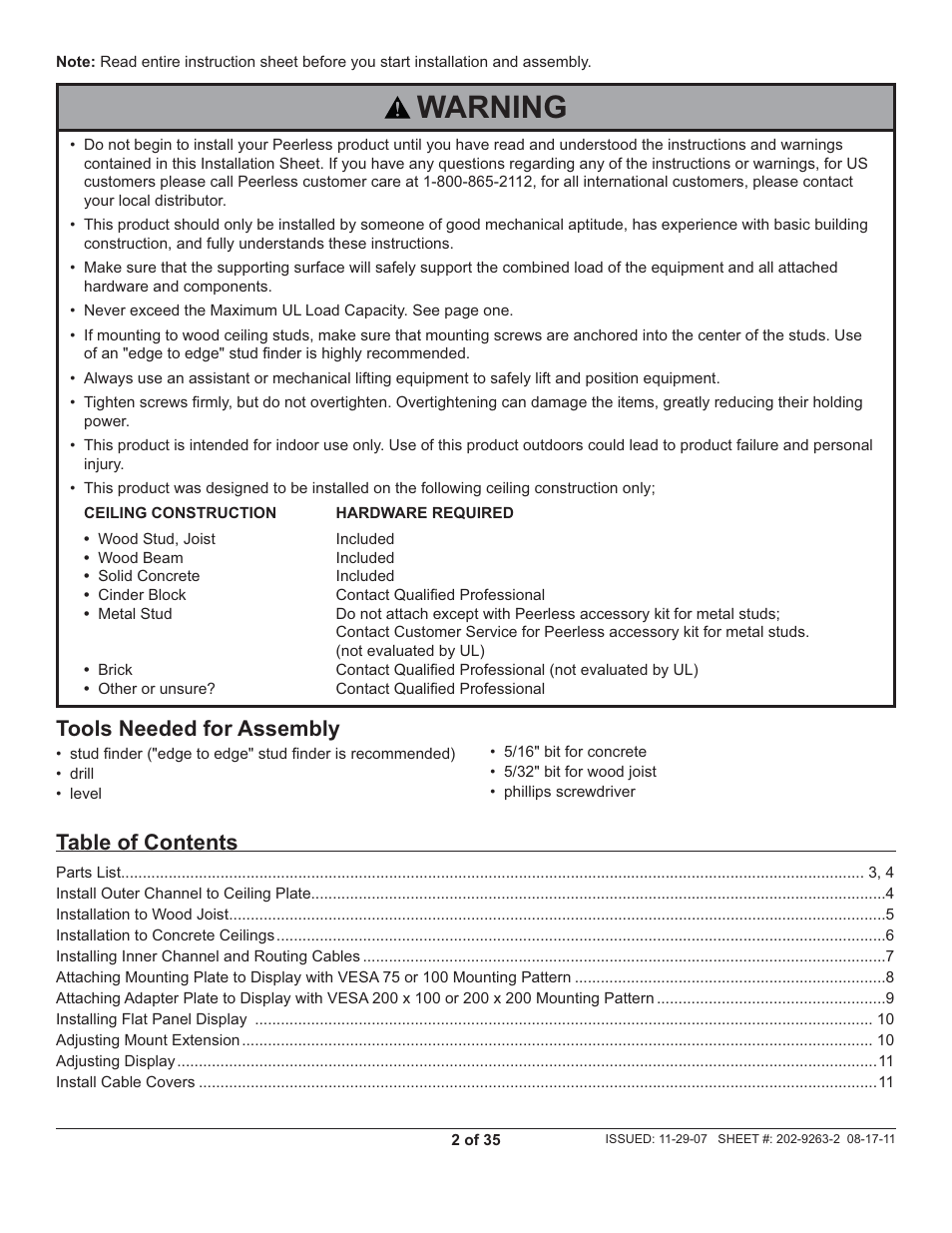 Peerless-AV PC932C-W - Installation User Manual | Page 2 / 35