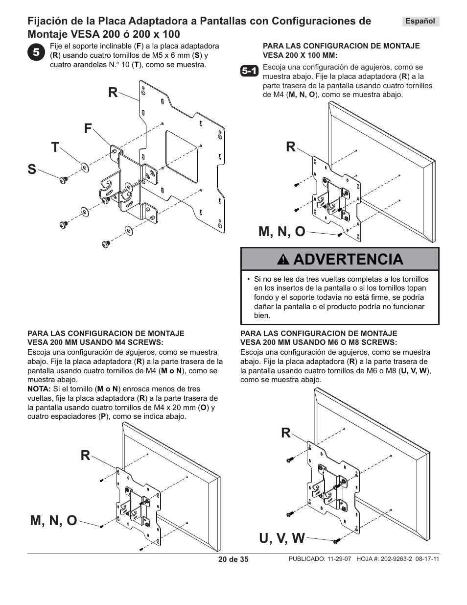 Advertencia | Peerless-AV PC932C-W - Installation User Manual | Page 20 / 35