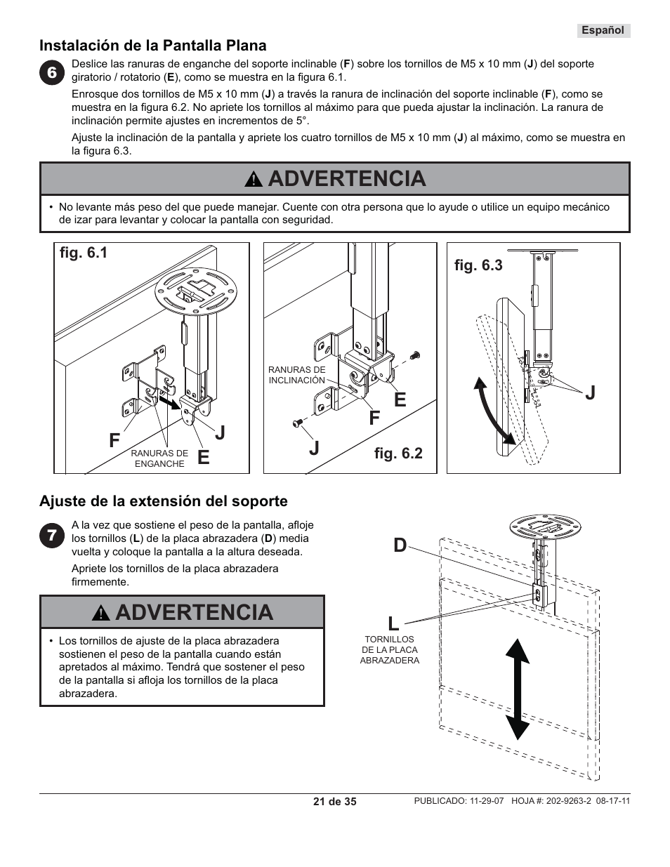 Advertencia, Fe j, Je j | Fl d | Peerless-AV PC932C-W - Installation User Manual | Page 21 / 35