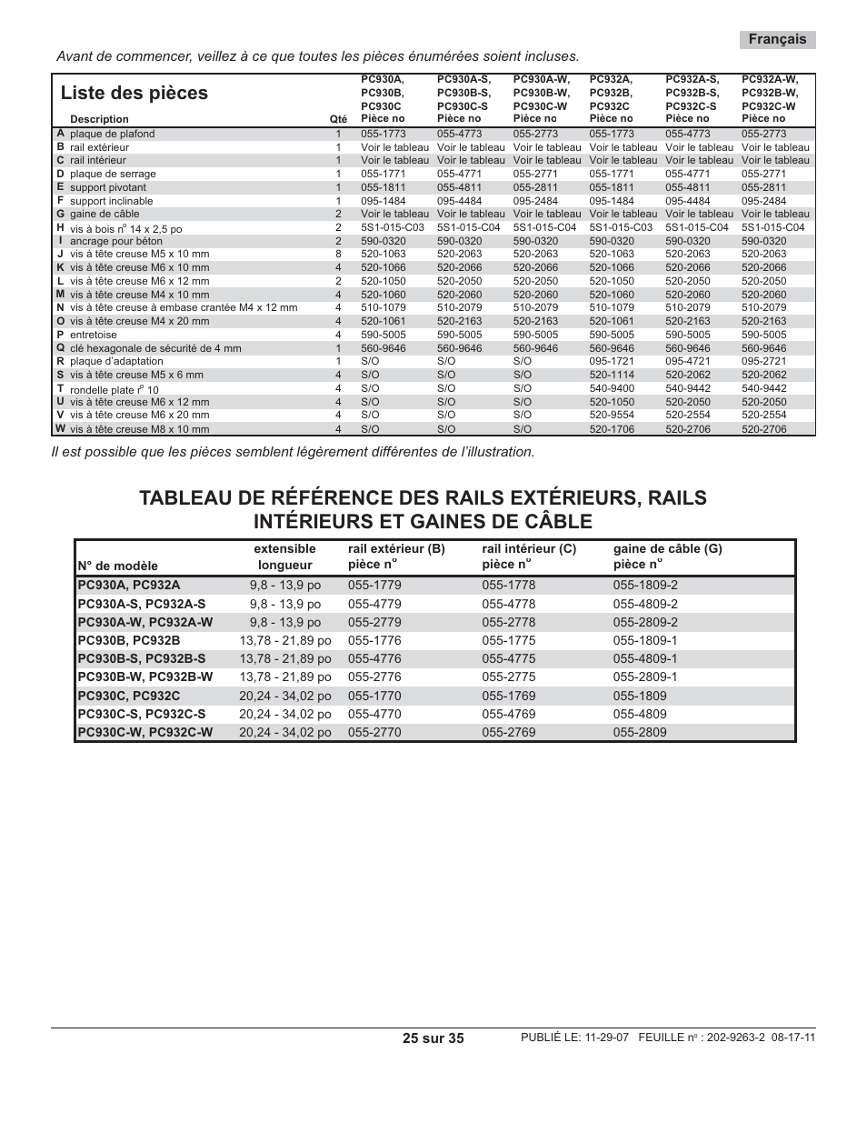 Liste des pièces, 25 sur 35, Français | Peerless-AV PC932C-W - Installation User Manual | Page 25 / 35