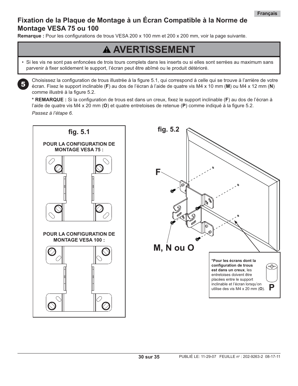 Avertissement, M, n ou o f | Peerless-AV PC932C-W - Installation User Manual | Page 30 / 35